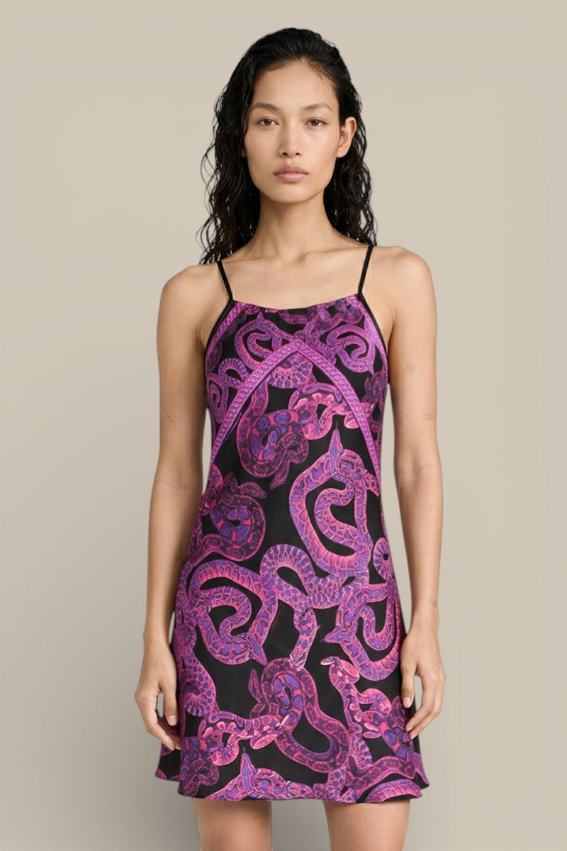 purple snake print dress Women's Purple/Green Silk Snake Print Maxi Slip Dress, Halter Neck, Sleeveless, Large