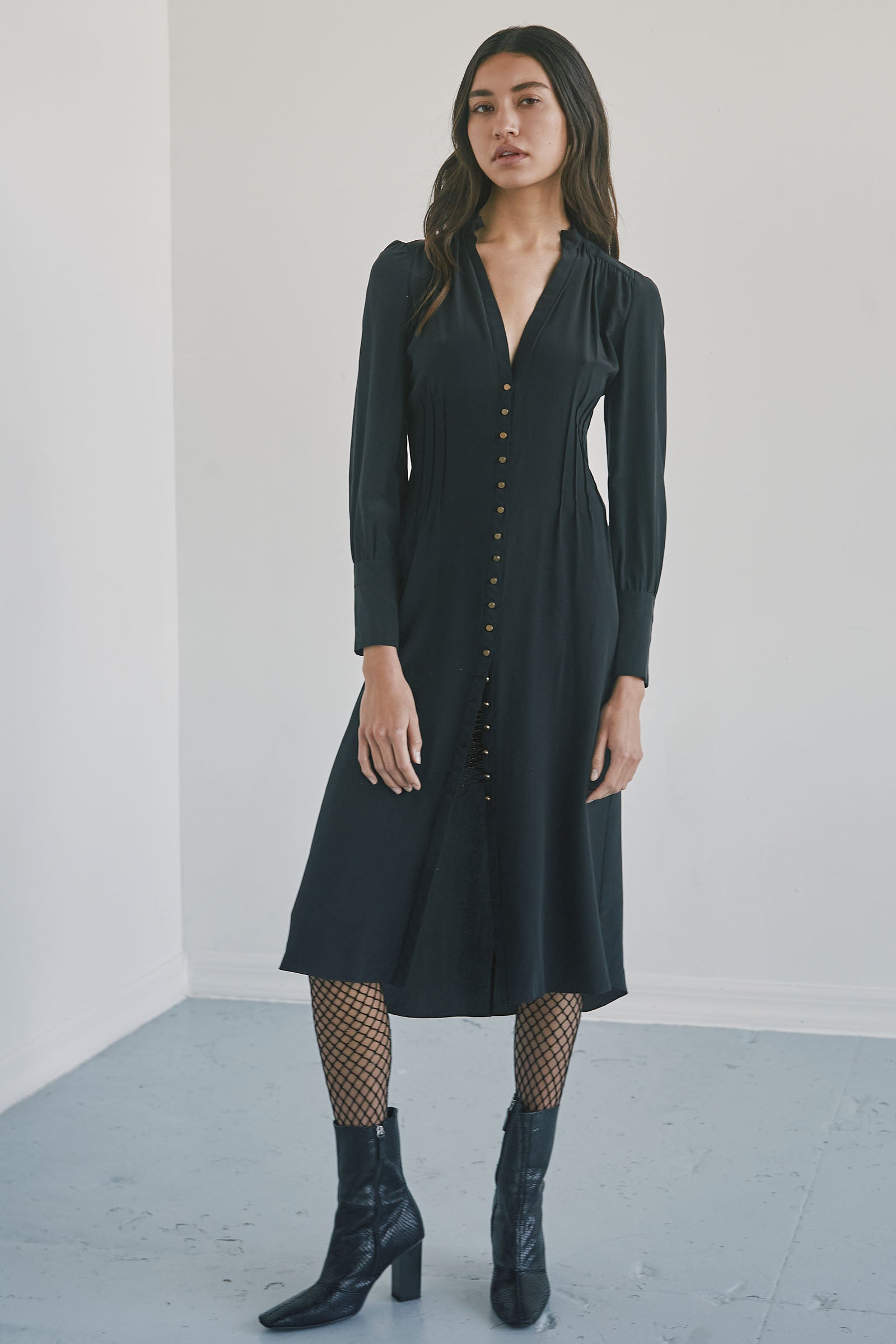 long-sleeve crepe shirt dress Silk Crepe Shirt Dress Midi