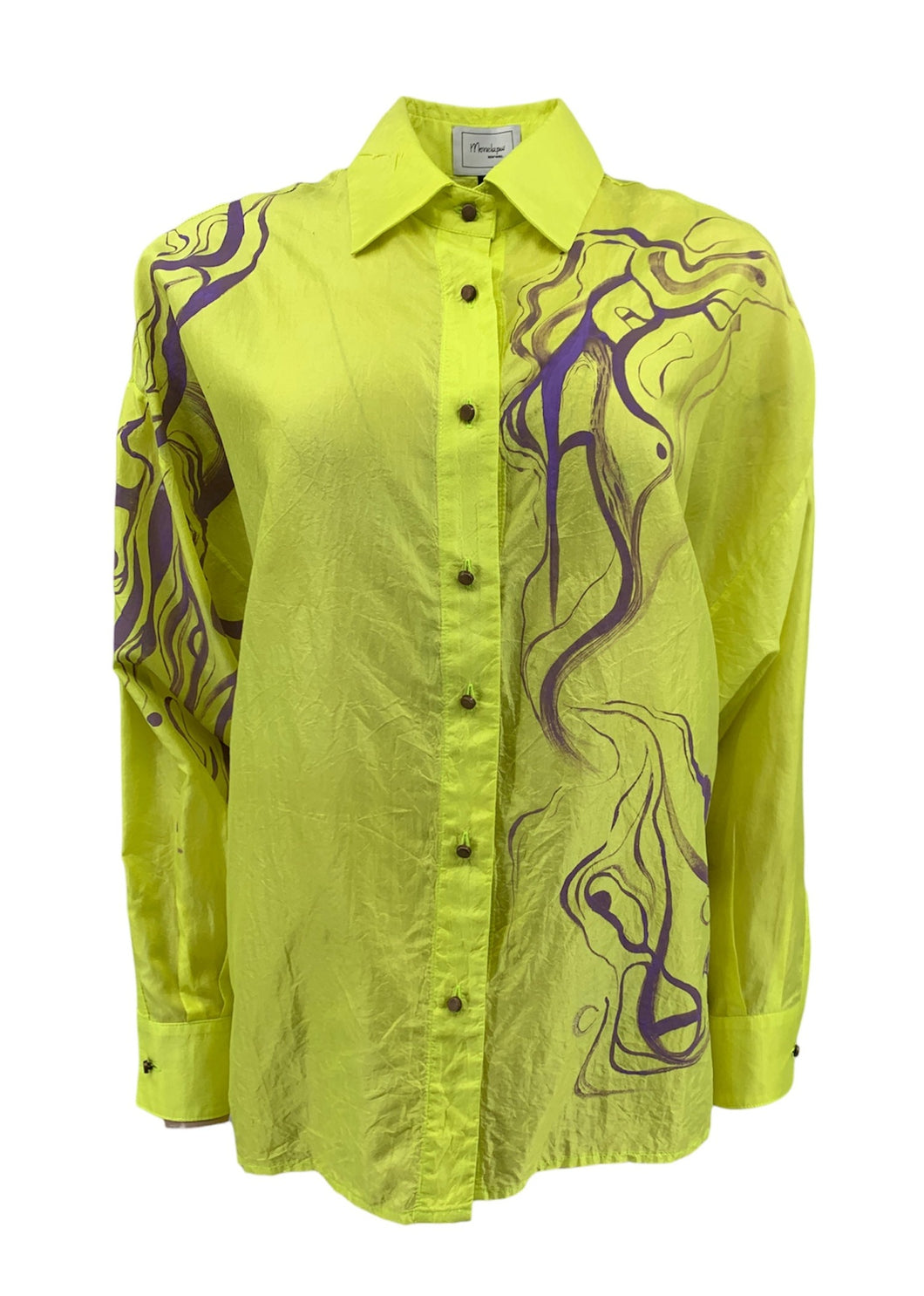 Lemon Paper Silk Shirt with Hand Painting