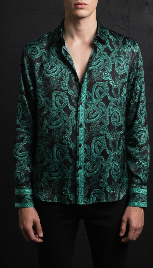 Serpent Noir Silk Shirt - Made to Order - Forest Green