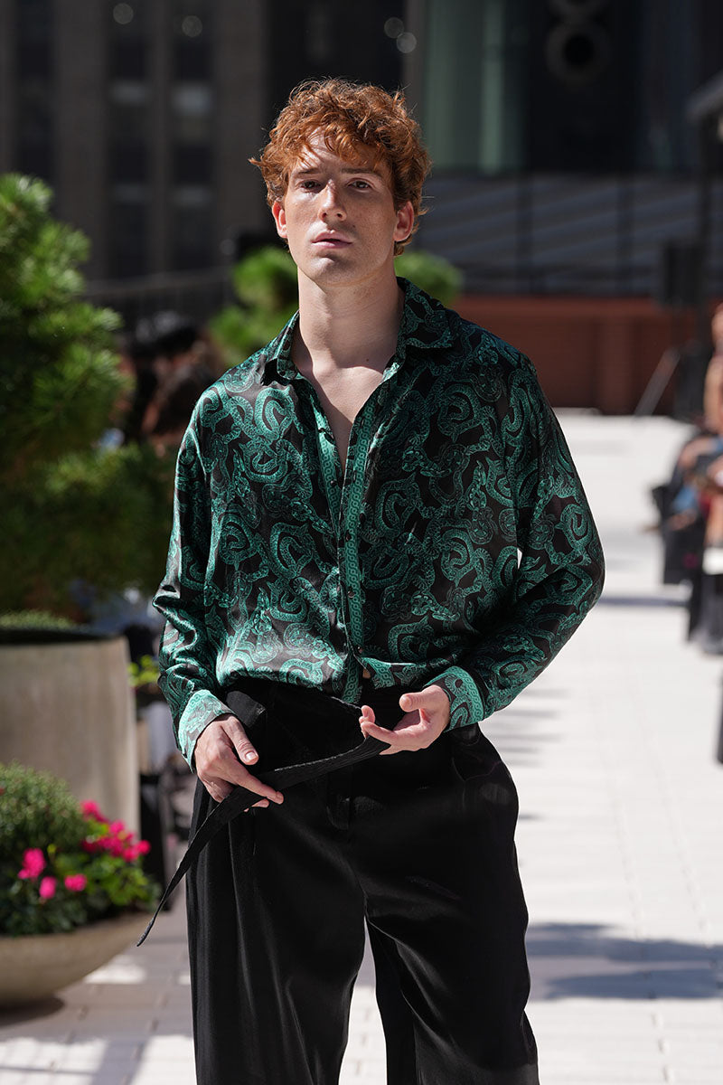 Serpent Noir Cropped Silk Shirt - Made to Order - Electric Blue