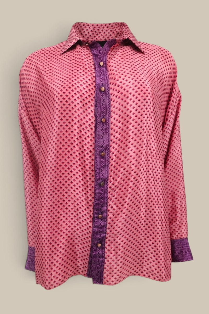 Embossed Botanic Short Sleeve Crepe Shirt -Pink