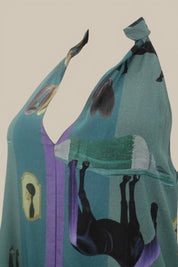 "Horses Wear Wigs" Collared Silk Halter Dress-Sage