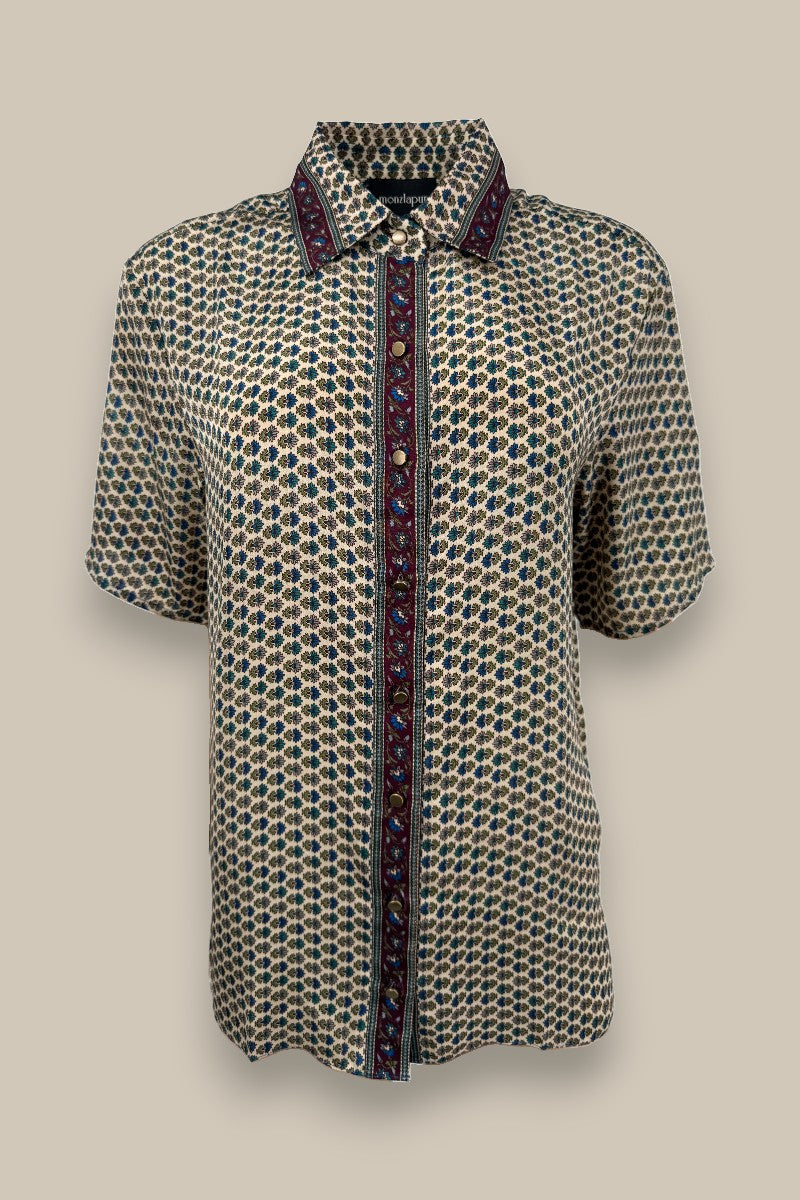 Embossed Botanic Short Sleeve Crepe Shirt - Forest Plum