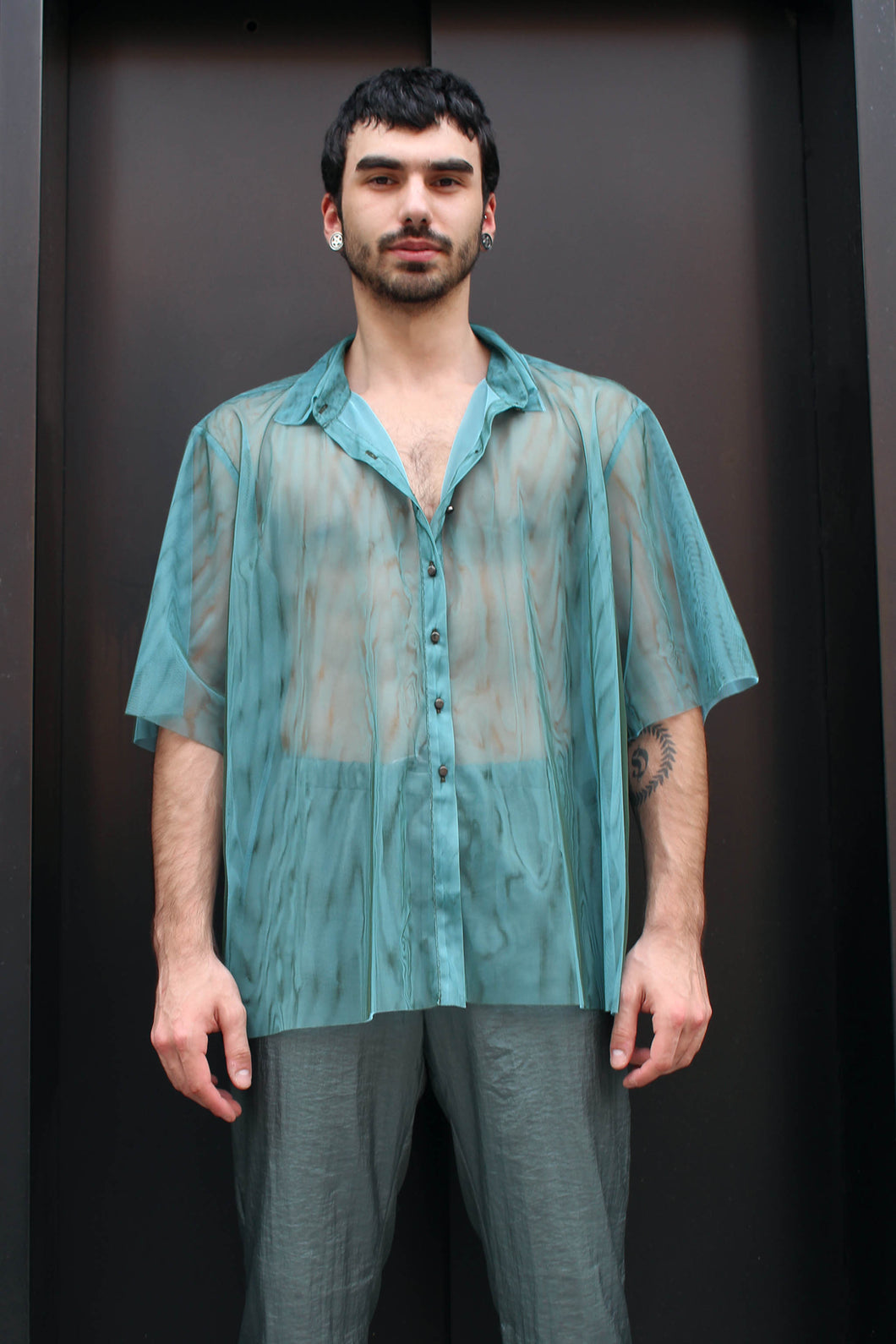 Two Tone Mesh Shirt - Turquoise