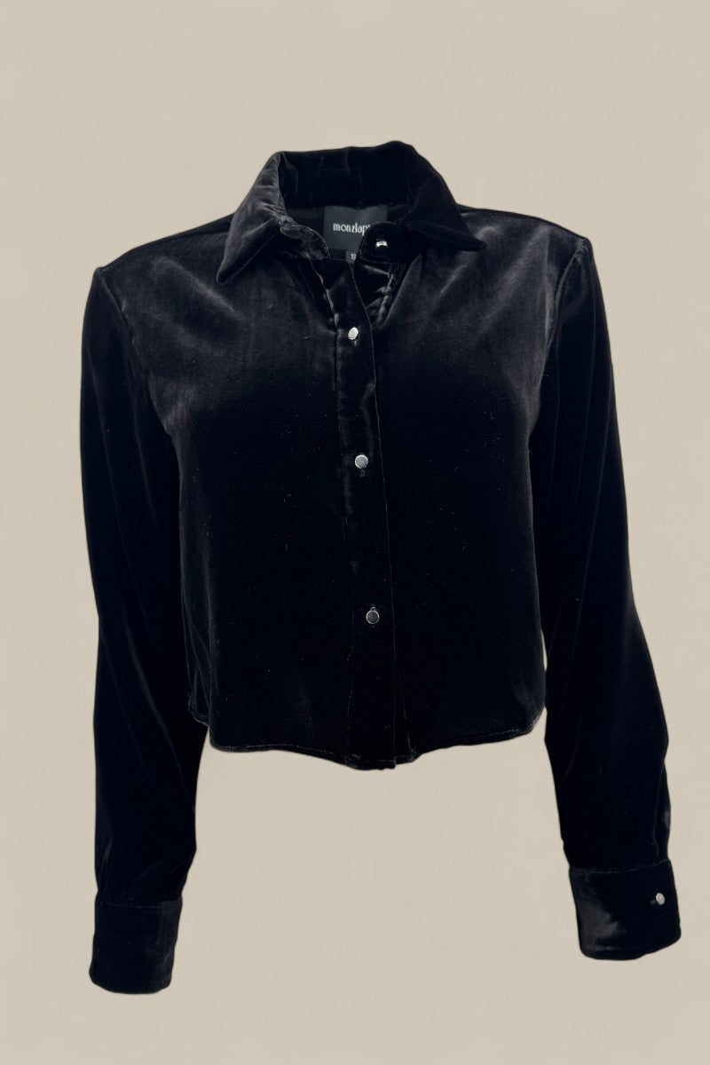 Silk Velvet Cropped Shirt - Black