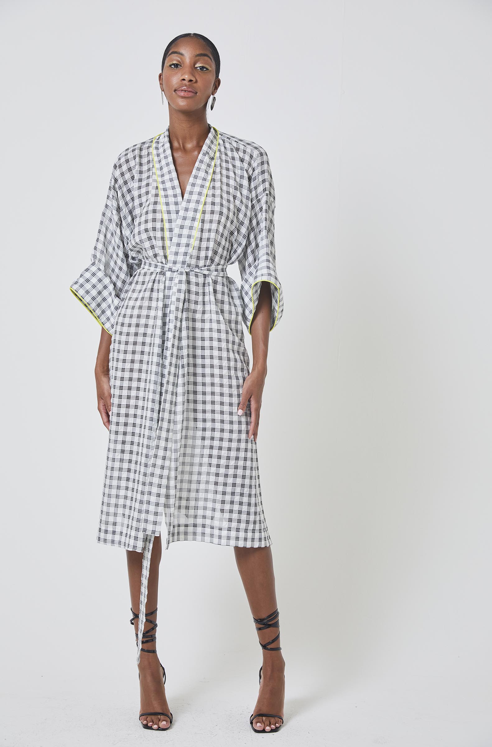 plaid wrap dress Plaid Kimono Wrap Dress with Neon Piping
