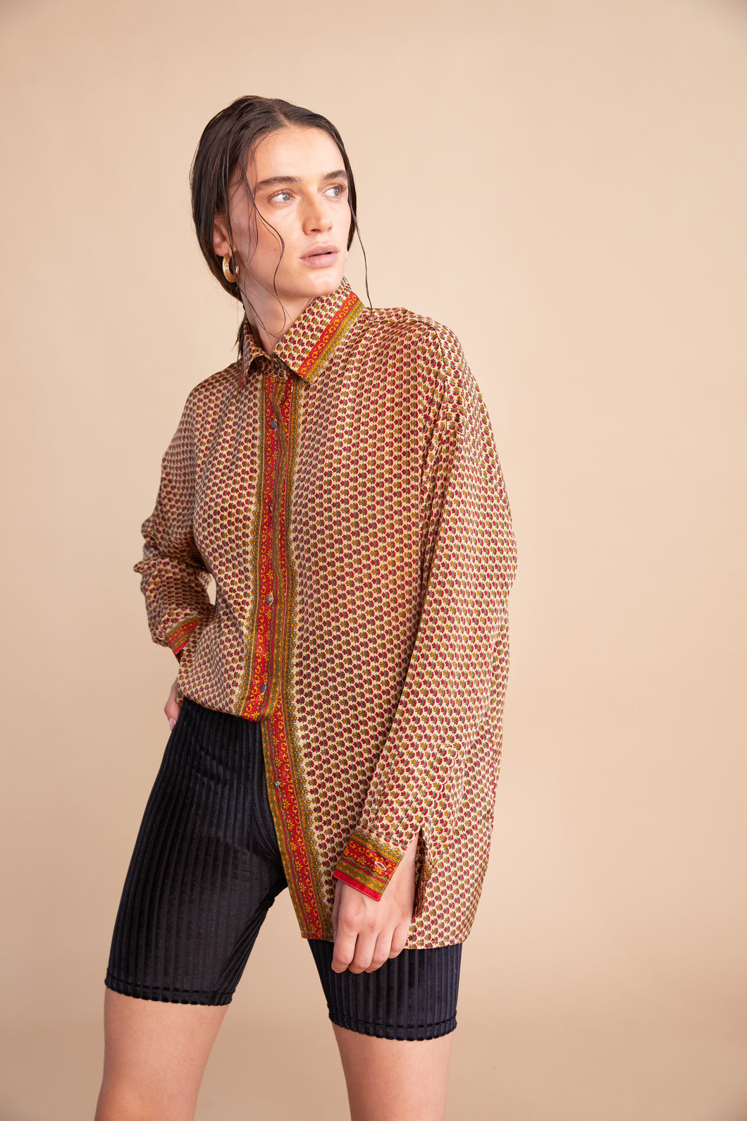 Embossed Oriental Motif Long Sleeve Shirt - Burnt Sienna