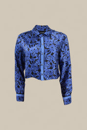 Serpent Noir Cropped Silk Shirt - Made to Order - Electric Blue