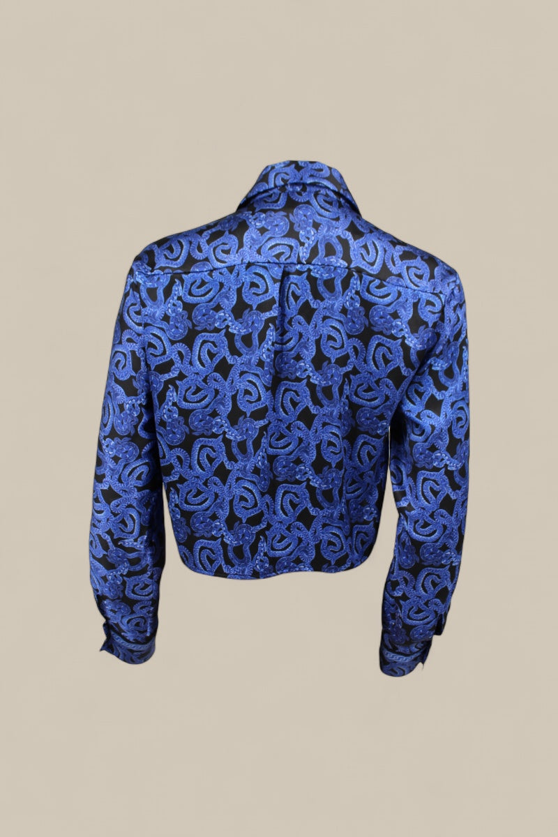 Serpent Noir Cropped Silk Shirt - Made to Order - Electric Blue