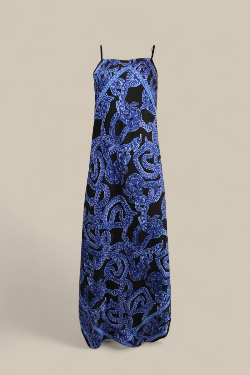 Silk Serpent Noir Dress - Maxi - Electric Blue