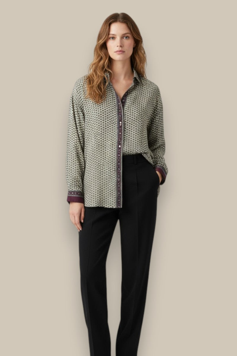 Embossed Botanic Long Sleeve Crepe Shirt - Forest Plum