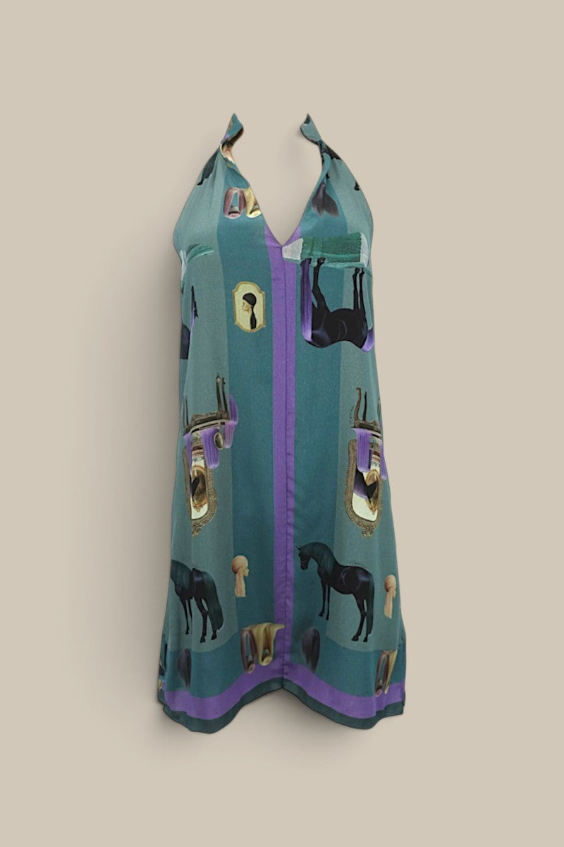 "Horses Wear Wigs" Collared Silk Halter Dress-Sage