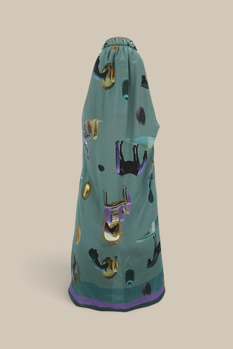 "Horses Wear Wigs" Collared Silk Halter Dress-Sage