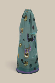 "Horses Wear Wigs" Collared Silk Halter Dress-Sage