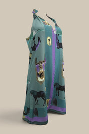 "Horses Wear Wigs" Collared Silk Halter Dress-Sage