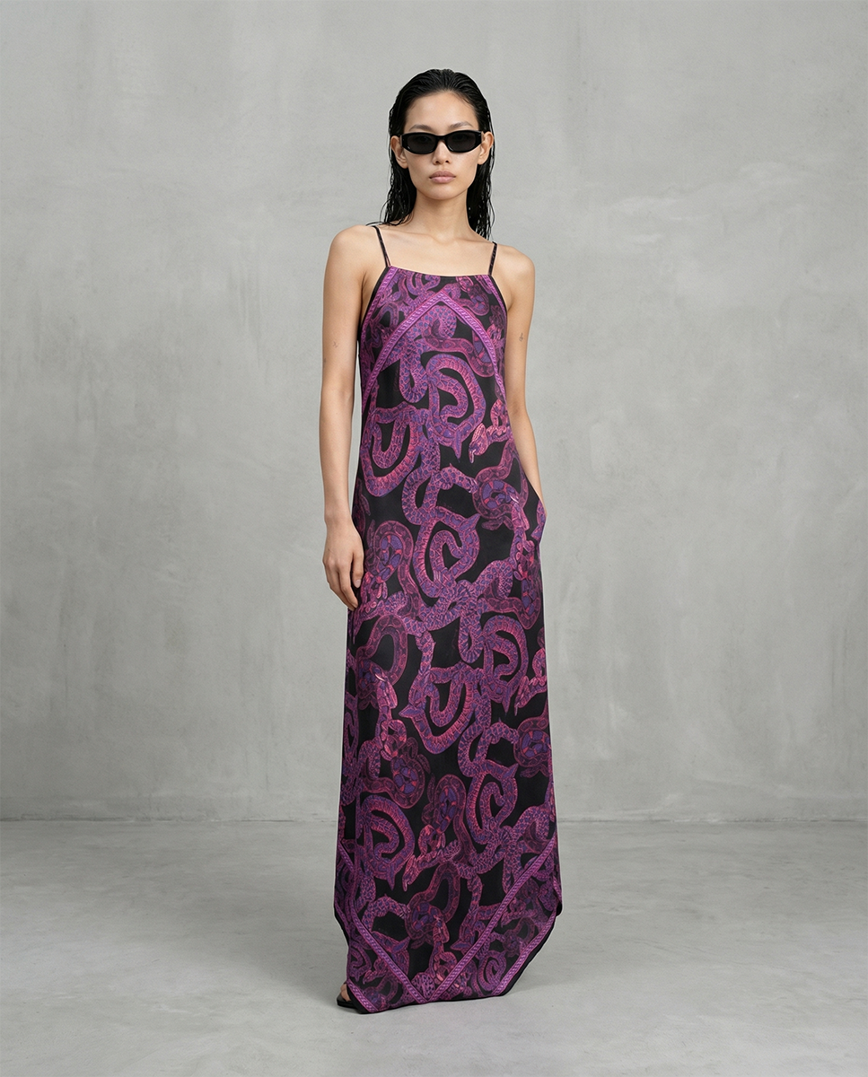 Silk Serpent Noir Dress - Maxi - Magenta