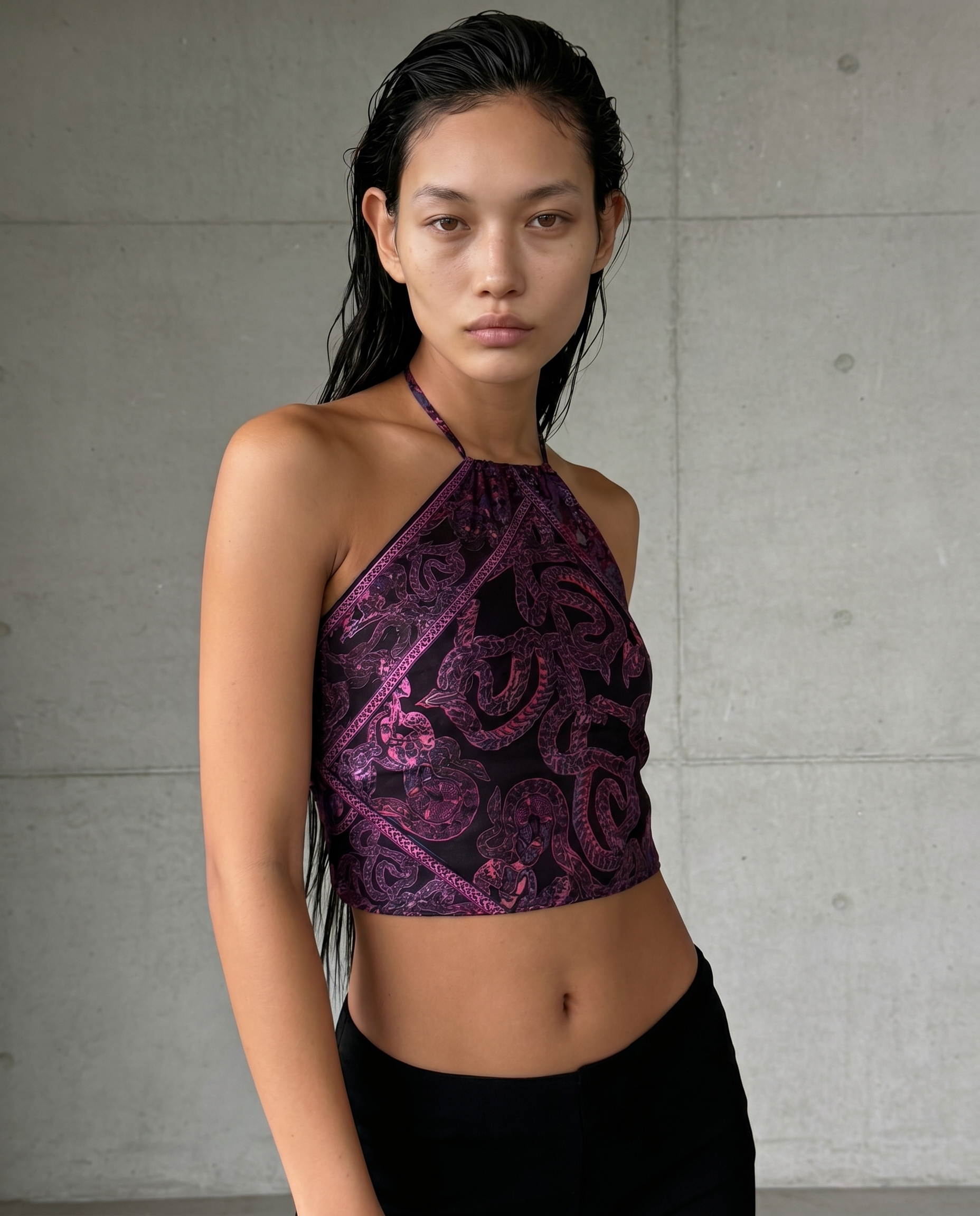 Snake Halter Silk Top - Magenta Noir