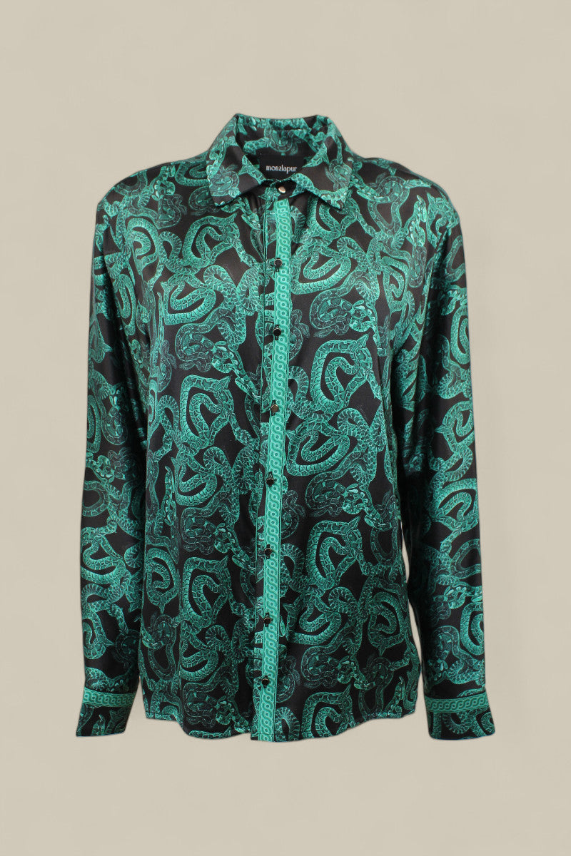 Serpent Noir Silk Shirt - Made to Order - Forest Green