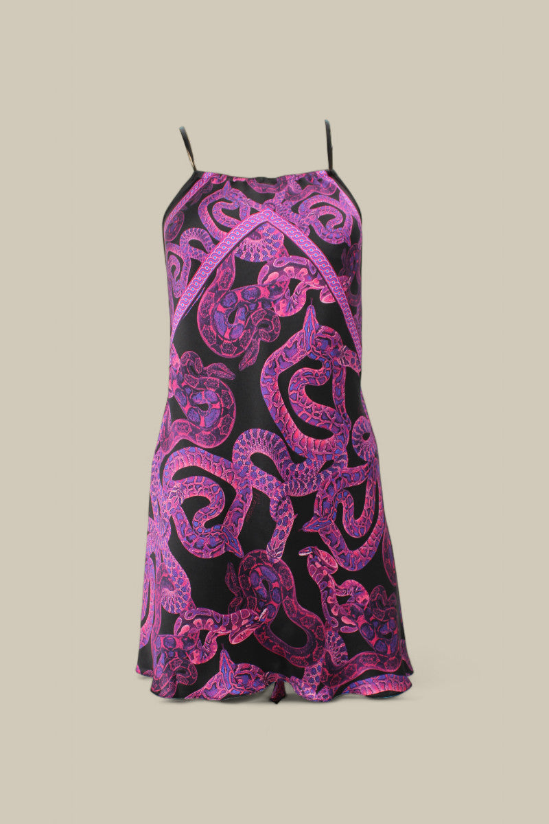 Silk Serpent Noir Dress - Mini -Magenta