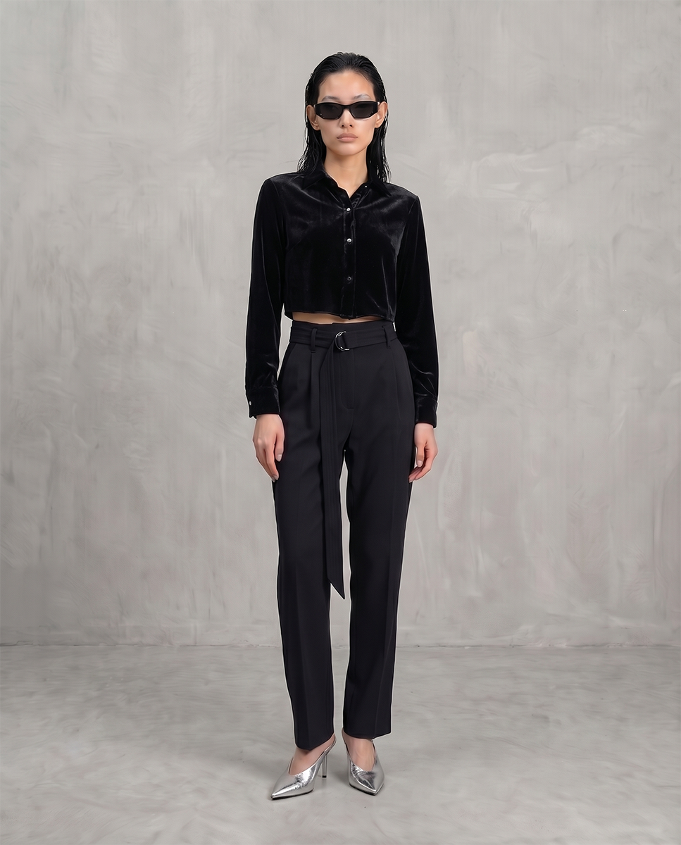 Silk Velvet Cropped Shirt - Black