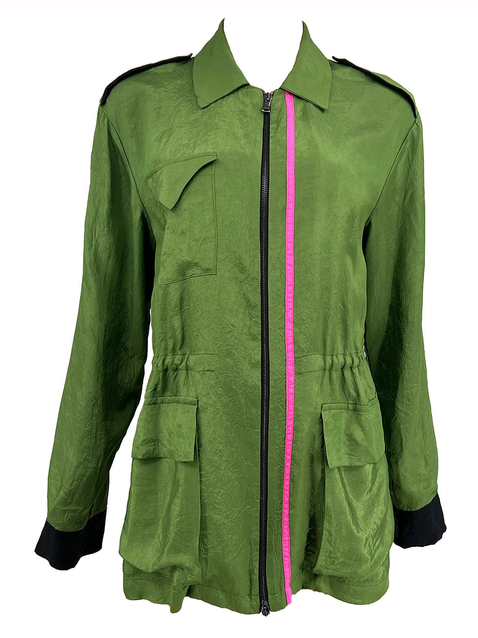 Green Acetate Cargo Jacket with Pink Stripe - MADE TO ORDER