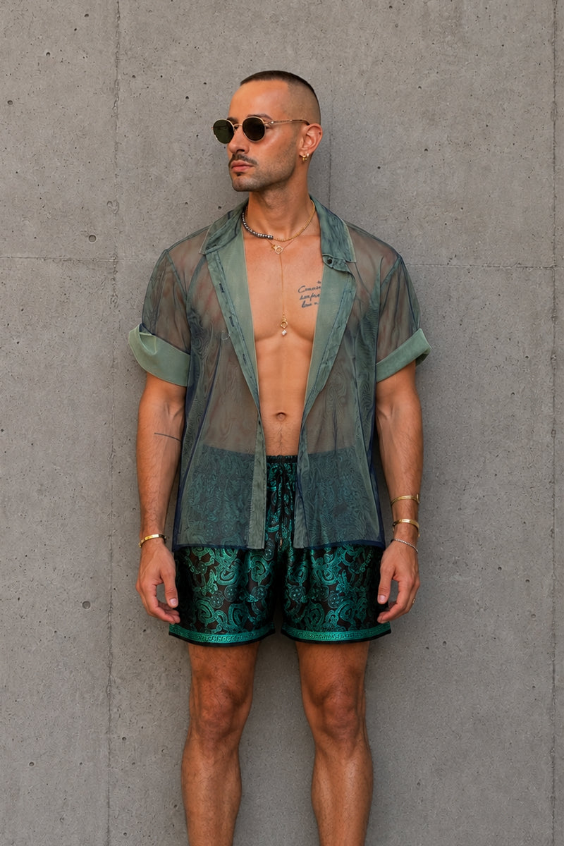Two Tone Mesh Shirt - Sage
