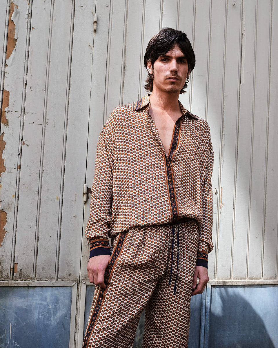 Embossed Botanic Long Sleeve Crepe Shirt - Copper