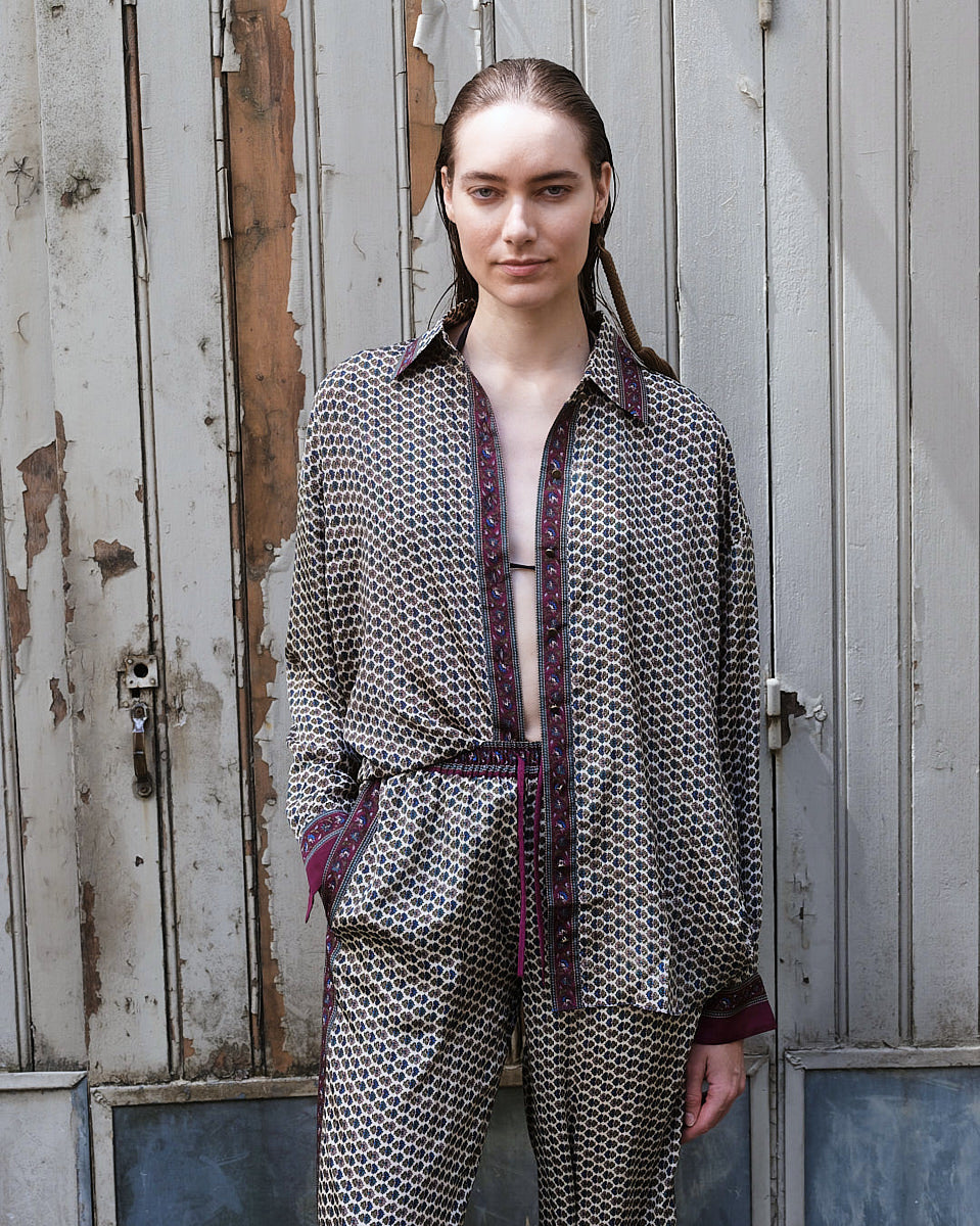 Embossed Botanic Long Sleeve Crepe Shirt - Forest Plum