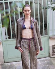 Embossed Botanic Long Sleeve Crepe Shirt - Forest Plum