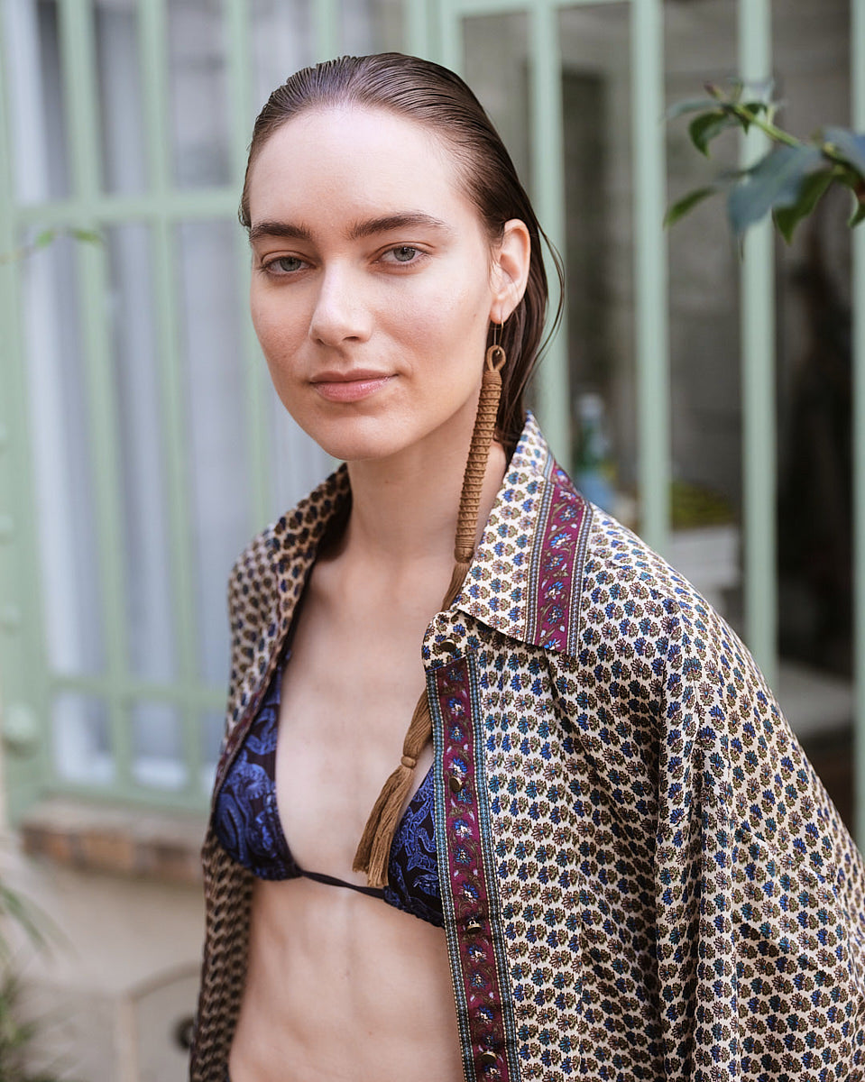 Embossed Botanic Long Sleeve Crepe Shirt - Forest Plum