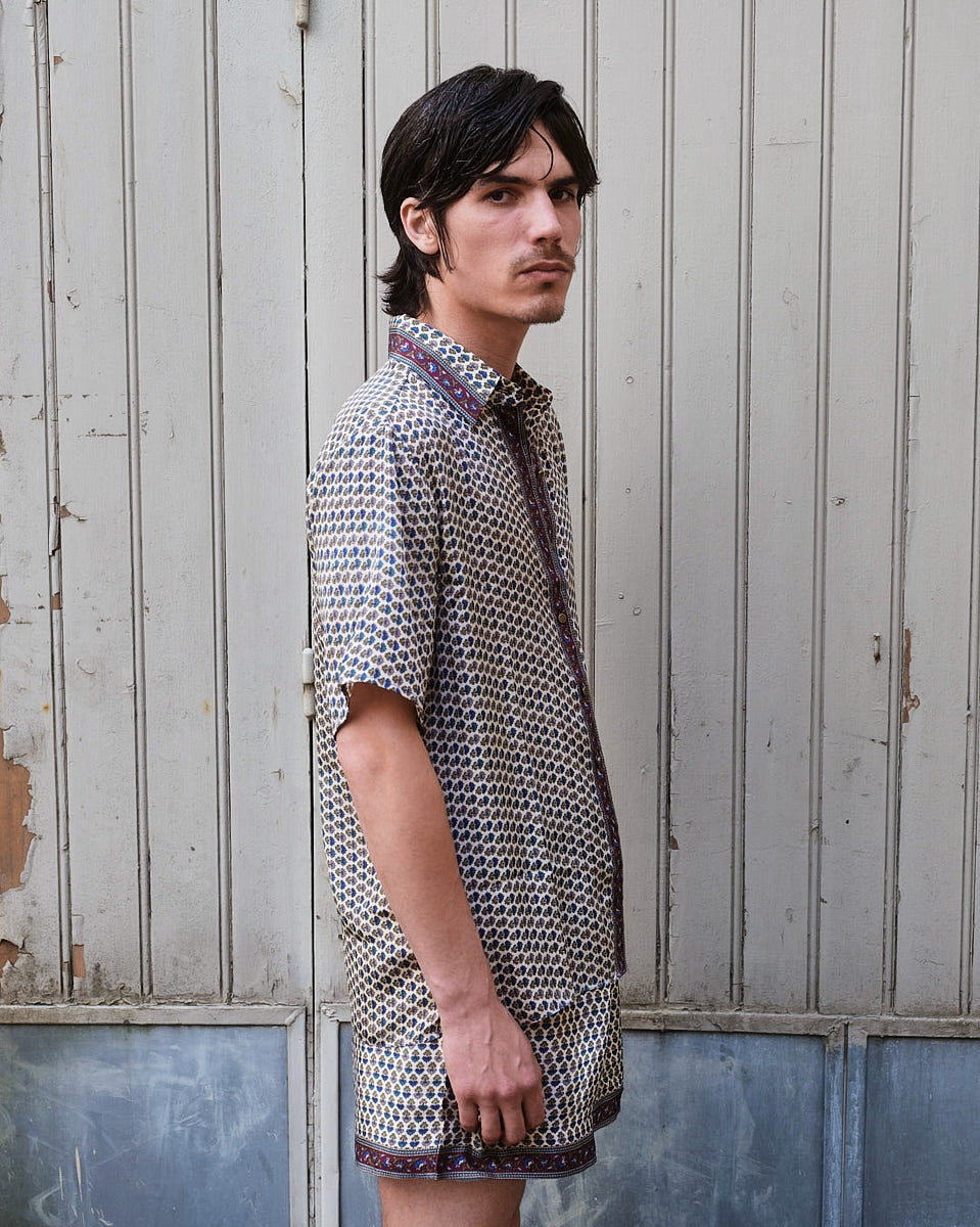 Embossed Botanic Short Sleeve Crepe Shirt - Forest Plum