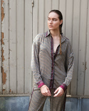 Embossed Botanic Long Sleeve Crepe Shirt - Forest Plum