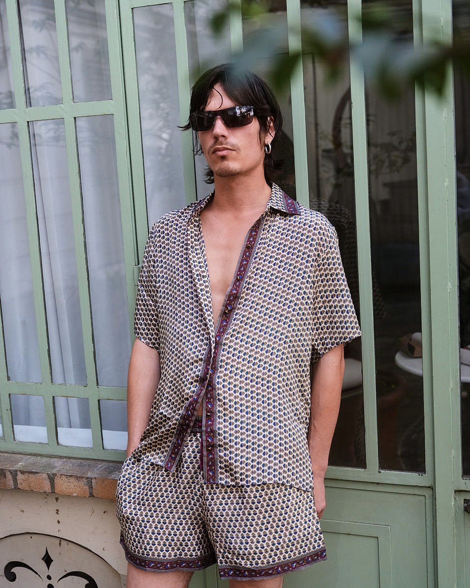 Embossed Botanic Short Sleeve Crepe Shirt - Forest Plum