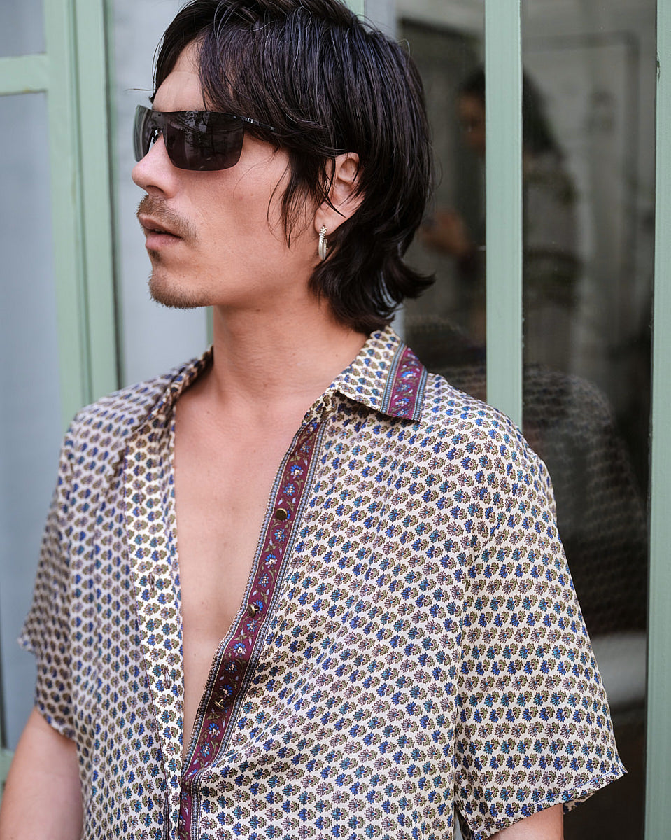 Embossed Botanic Short Sleeve Crepe Shirt - Forest Plum