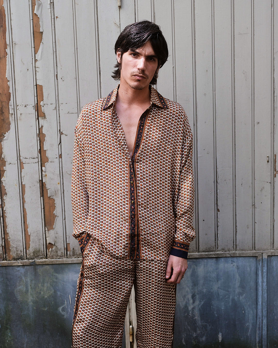 Embossed Botanic Long Sleeve Crepe Shirt - Copper