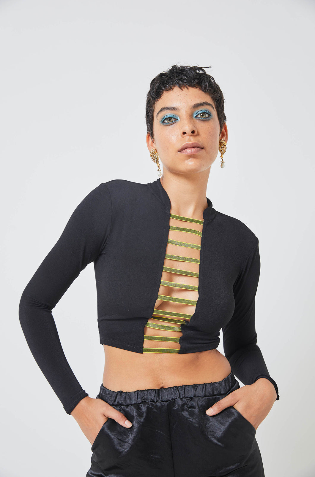 Black Cropped Top with Neon Stripes